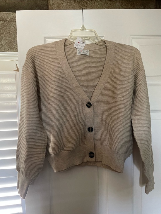 Poof! Sweaters - Poof! Light Beige Ribbed V-Neck Button Front Cardigan